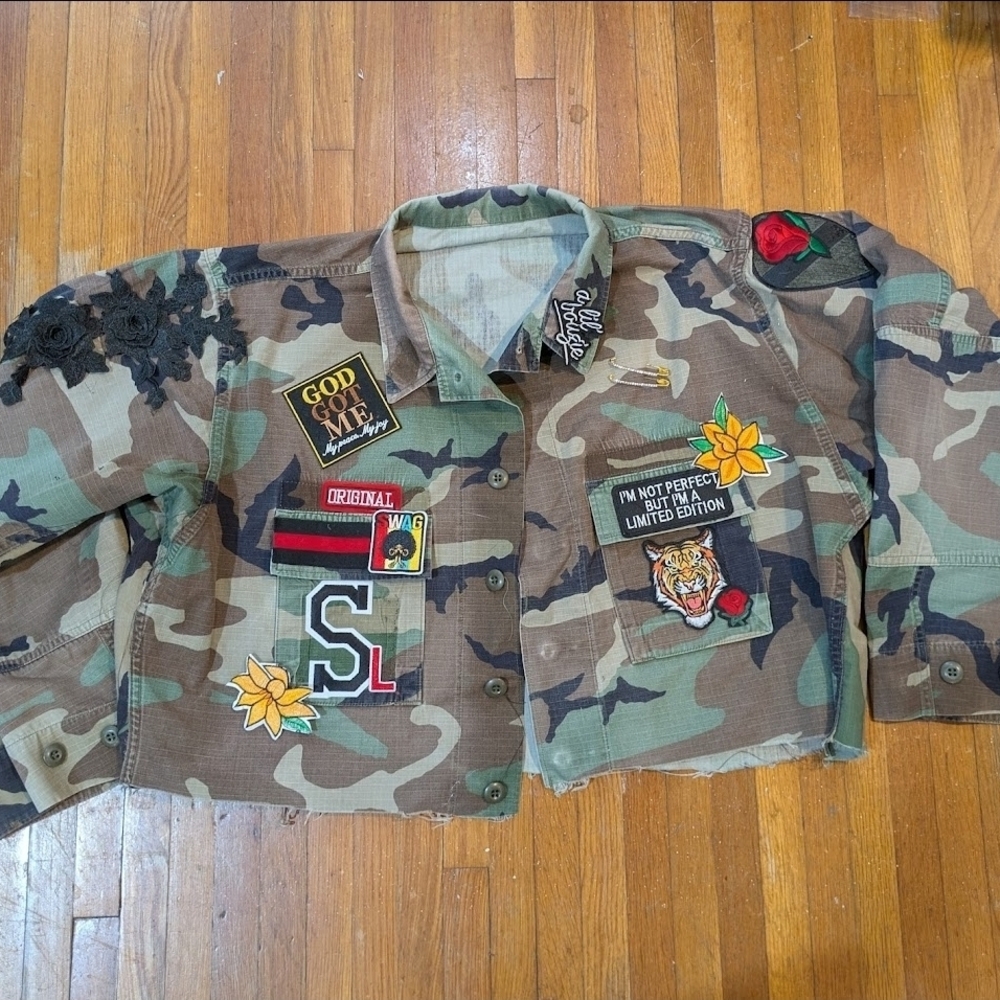 Camouflage Patchwork Custom Jacket Top with Floral & Tiger Patches